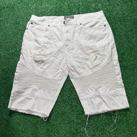 Mens White Denim Moto Ripped Distressed Biker Shorts - Picture 1 of 9